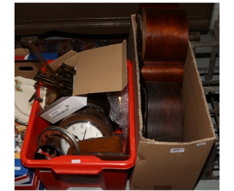 Two boxes of clocks and clock parts to include mantel clock cases, movements etc.