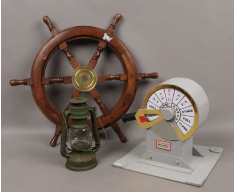 Two replica US Navy ship props, a Teleflex marine control unit, along with a small diameter wooden ships wheel for military r