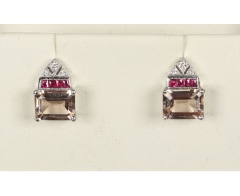 A pair of Art Deco style 18ct gold white gold diamond, ruby and morganite set ear studs.