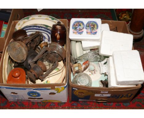 Two boxes of miscellaneous to include Crown Ducal dinnerwares, Bradford editions Winnie the Pooh ornaments, stoneware, Tilly 