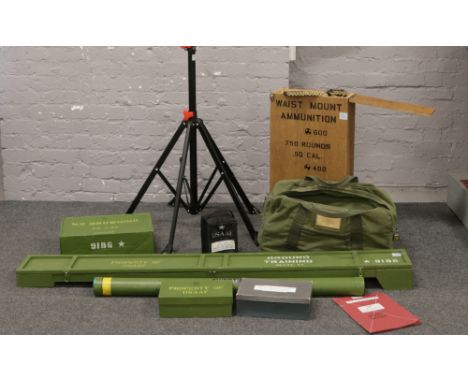 A replica World War II USA AF Browning M" 50 calibre machine gun prop in wooden crate, along with folding stand ammunition ca