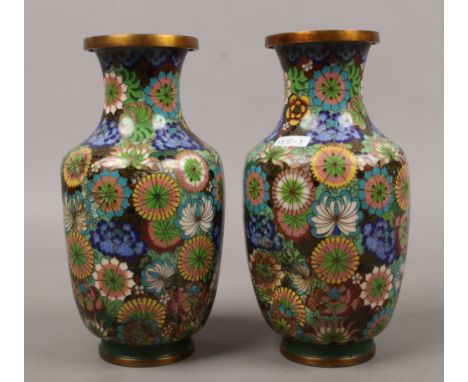 A pair of Japanese Taisho period cloisonne mantel vases of baluster form decorated with peonies, Height 22.5cm.Condition repo