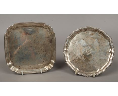 A Victorian silver card tray raised on three ball and claw supports, assayed Edinburgh 1900 by Hamilton &amp; Inches, along w
