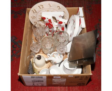 A box of miscellaneous ceramics and glass, Salter stainless steel digital scales, six piece coffee set, sun clock, Wedgwood m