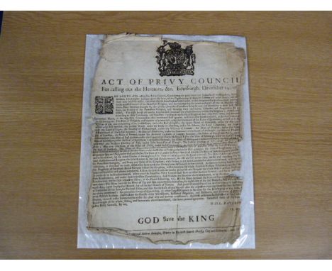 SCOTLAND. BROADSIDE.  Act of the Privy Council for Calling out the Heretors etc., Edinburgh, December 14, 1666. Broadside pri