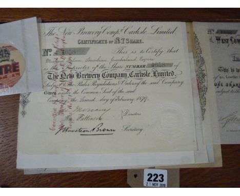 CUMBRIA SHARE CERTIFICATES.  Collection of 9 various certificates incl. Whitehaven &amp; Furness Junction Railway, Whitehaven