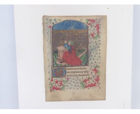 BOOK OF HOURS, MANUSCRIPT LEAF WITH MINIATURE OF KING DAVID, 15TH CENTURY.  The upper side with an arch top painted miniature