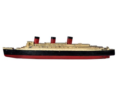 A PAINTED WOOD MODEL OF THE CUNARD OCEAN LINER RMS QUEEN MARY, C1938 with painted tinplate funnels, 193cm l ++Minor losses an