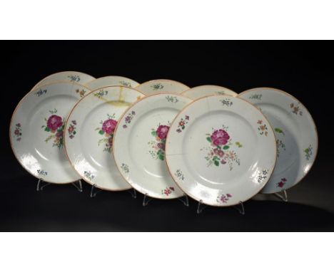 A SET OF NINE CHINESE EXPORT PORCELAIN FAMILLE ROSE PLATES, C1780  22.5cm diam ++One  broken and restuck, four cracked, four 