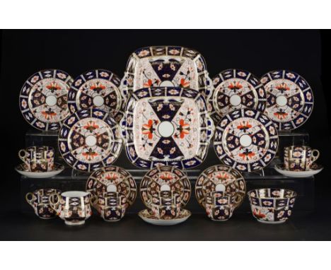 A ROYAL CROWN DERBY OLD DERBY WITCHES PATTERN TEA SERVICE, 1924 square plates 27cm w, impressed and printed marks, pattern 24