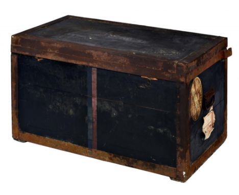 VINTAGE LUGGAGE.  A PAINTED WOOD AND IRON BOUND CABIN TRUNK BY THE ARMY & NAVY CSL, C1900 with two locks and iron handles, th