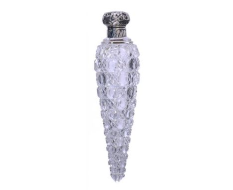 A VICTORIAN SILVER MOUNTED CUT GLASS 'ICICLE' SCENT BOTTLE with embossed cap and glass stopper, 18cm h, by Hilliard & Thomaso