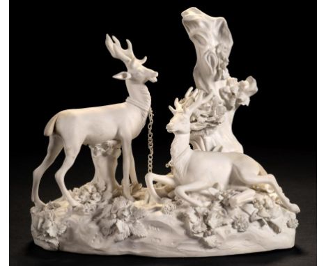 A  DERBY BISCUIT GROUP OF STAGS, C1810  17cm h, unmarked A scarce model, Bradshaw (P), Derby Porcelain Figures 1750-1848, rec
