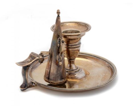 A GEORGE III SILVER CHAMBER CANDLESTICK  with reeded rims, nozzle and extinguisher, pan 11.5cm diam, fully marked, by William