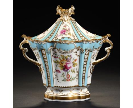 A JOHN RIDGWAY LIGHT BLUE GROUND POT POURRI VASE AND COVER, C1850 of flared oval shape, painted with panels of flowers, 23cm 