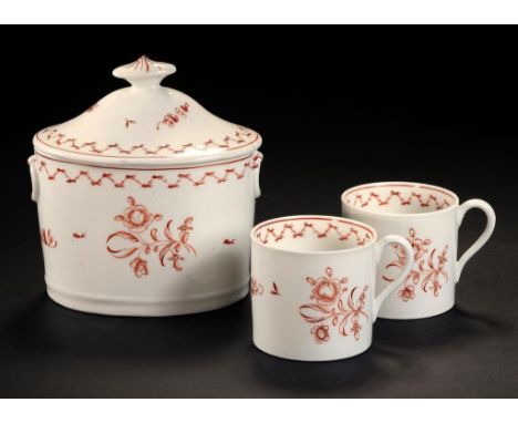 A NEW HALL OVAL SUGAR BOX AND COVER AND A PAIR OF COFFEE CANS, C1790 pattern 295, painted in iron red with a flower spray and