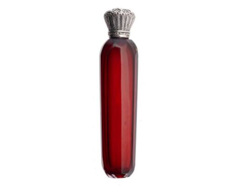 A VICTORIAN SILVER MOUNTED RUBY GLASS SCENT BOTTLE, C1870  14cm l, unmarked ++In good condition with play in hinge and minor 