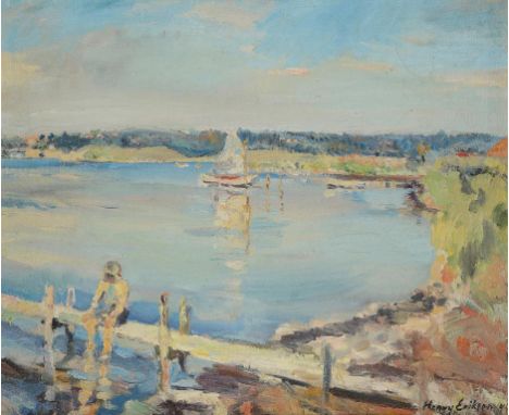 •†HENRY ERIKSEN (1915-1995) BOY ON A JETTY signed and dated '49, oil on hessian, 62 x 75cm ++In fine condition requires a lig