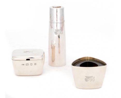 A SILVER CONDIMENT SET BY GERALD BENNEY, 1960 the mustard pot and salt cellar with cinnamon glass liner, crested, pepper mill