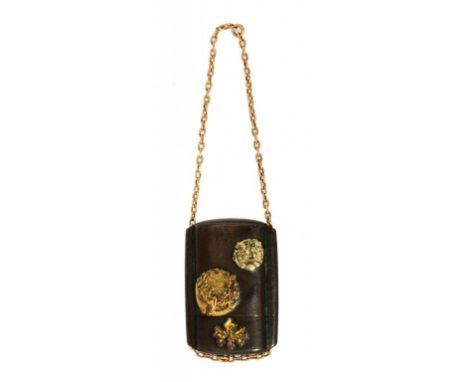 A JAPANESE, SHAKUDO AND SHIBUICHI MINIATURE ONE CASE INRO, MEIJI PERIOD  2.8cm h, with a gold chain ++Fine quality, light wea