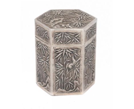 A CHINESE SILVER HEXAGONAL REPOUSSÉ CANISTER AND COVER, 19TH/EARLY 20TH C  with panels of bamboo, 9cm h, unmarked, 5ozs 10dwt