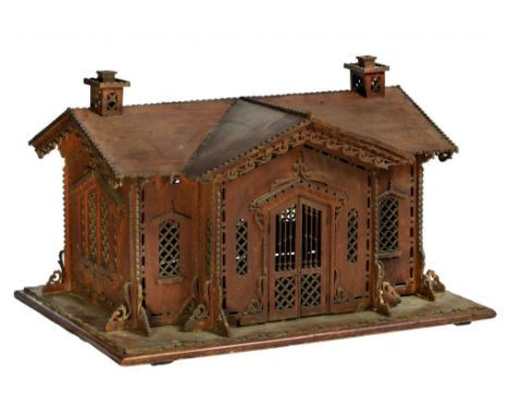 ROYAL.  AN INDIAN WOOD MODEL OF A CROSS GABLED BUNGALOW, 1911 with fretworth barge boards, chimneys, corbels, windows and pai