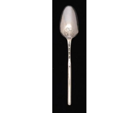 A GEORGE III SILVER SHELL BACK MARROW SPOON  maker TR, a mullet between [not in Grimwade], London 1760, 1oz 15dwts ++Slight d
