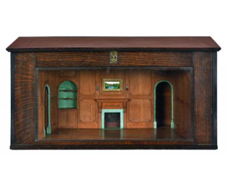 AN OAK ARCHITECTURAL MODEL OF AN 18TH CENTURY  PANELLED ROOM, C1930  with chimneypiece and alcoves, glazed fall front with br