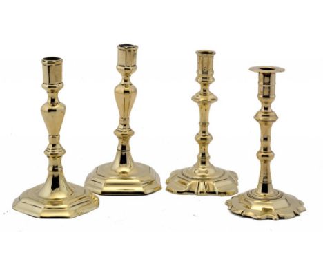 FOUR ENGLISH BRASS CANDLESTICKS, MID 18TH C 19.5-21cm h ++All genuine and excellent examples with pleasing light wear