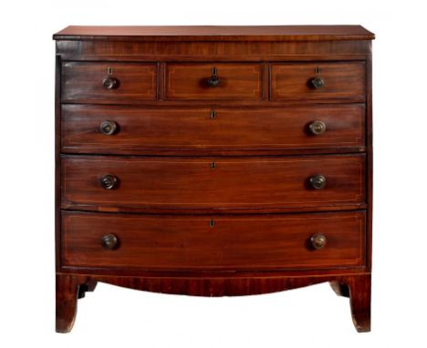 A VICTORIAN MAHOGANY AND LINE INLAID CHEST OF DRAWERS bow fronted and fitted with six drawers with turned knobs, 111cm h; 57 