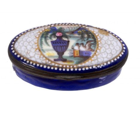 A SOUTH STAFFORDSHIRE ENAMEL PATCH BOX, C1780 the lid painted with billing doves and an urn on a dark blue ground, the interi