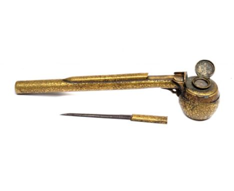 A CHINESE TEXTURED BRASS CALLIGRAPHER'S INK POT AND PEN CASE, 19TH C the lid inset with a compass and engraved with calligrap