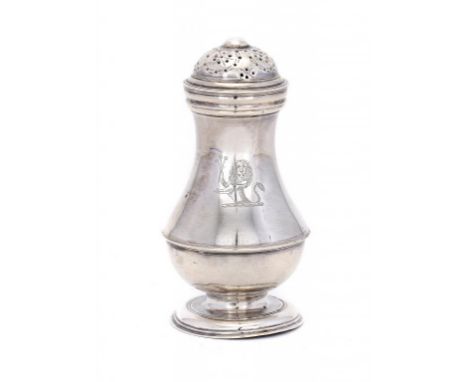 A GEORGE II SILVER BALUSTER PEPPER CASTER  crested, 9cm h, by Benjamin Cartwright, London 1737, engraved under the foot THF 1