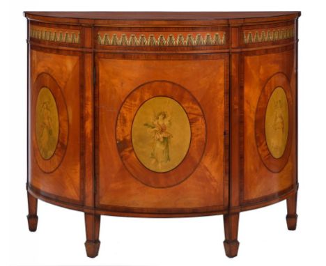 A VICTORIAN SATINWOOD COMMODE IN GEORGE III STYLE, C1900 crossbanded in rosewood and line inlaid throughout, the frieze paint