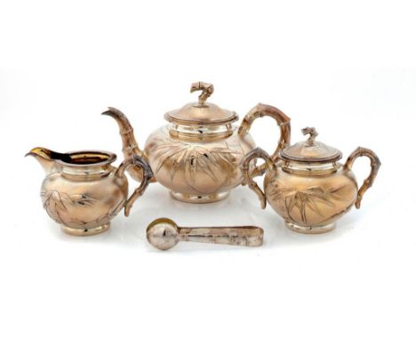 A FINE CHINESE EXPORT SILVER TEA SERVICE, C1890  crisply chased with bamboo on a textured ground, teapot  12.5cm h, by Hung C