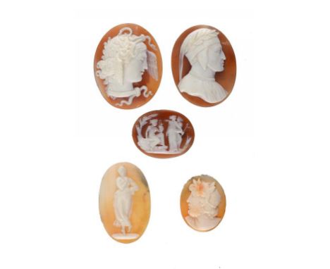 FIVE SHELL CAMEOS OF ZEUS, MERCURY, DANTE AND TWO OTHER SUBJECTS, ALL 19TH C  the largest 4cm h, unmounted ++All with adhesiv