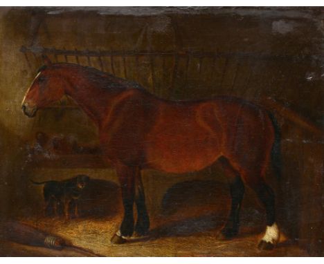 FOLLOWER OF JOHN FREDERICK HERRING PORTRAIT OF A HORSE  IN A STABLE bears signature, oil on canvas, 30.5 x 29cm ++The medium 