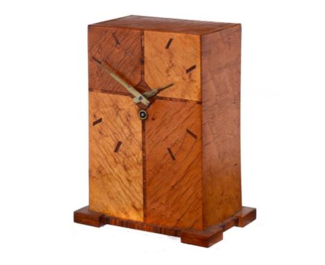 AN ART DECO INLAID MAPLE MANTEL CLOCK, C1940 of pillar shape with brass hands, French timepiece, 23cm h, bearing Rowley Galle