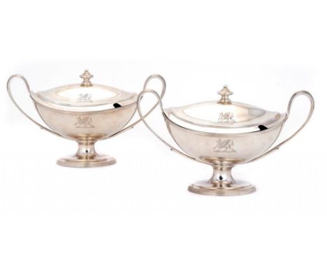 A PAIR OF GEORGE III SILVER SAUCE TUREENS AND COVERS crested, 14cm h, by Henry Chawner, London 1786, 37ozs ++Light wear and m