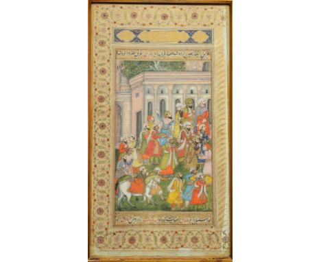 PERSIAN MINIATURE. AN ILLUSTRATED AND ILLUMINATED LEAF FROM A MANUSCRIPT, 17TH C   gouache with gold on  paper, text above an