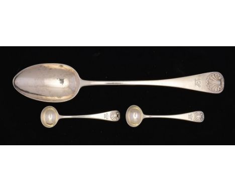 A SILVER BASTING SPOON AND A PAIR OF SALT SPOONS EN SUITE,  PROBABLY SCOTTISH PROVINCIAL, EARLY 19TH C   Fiddle & Shell patte