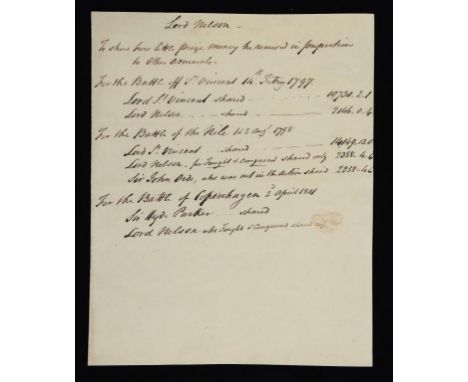 DAVISON, ALEXANDER AND HORATIO, LORD NELSON AN IMPORTANT GROUP OF DAVISON'S PAPERS RELATING TO PRIZE MONEY IN CONNECTION WITH