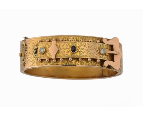 A VICTORIAN RUBY AND DIAMOND SET GOLD BUCKLE BRACELET, C1880 unmarked, 27g ++Small dents and light wear, closing correctly wi