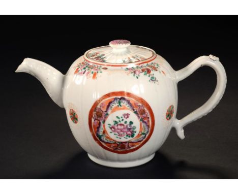 A CHINESE EXPORT PORCELAIN REEDED GLOBULAR FAMILLE ROSE TEAPOT AND COVER, C1780   with rouge de fer and bianco-sopra-bianco d