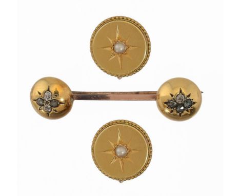 A PAIR OF VICTORIAN GOLD EARRINGS, C1880  gipsy set with a split pearl and a gold bar brooch with Victorian diamond gipsy set