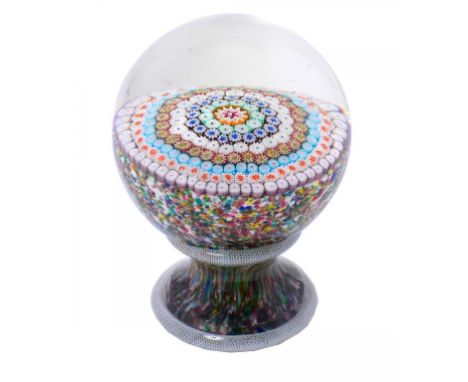 A CONTINENTAL CONCENTRIC MILLEFIORI PEDESTAL PAPERWEIGHT, 19TH C  the socle flecked with aventurine between latticino cordons