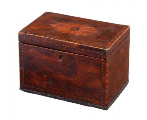 A GEORGE III YEW WOOD AND INLAID TEA CADDY, C1800  with barber pole stringing, oak interior with central division and brass l