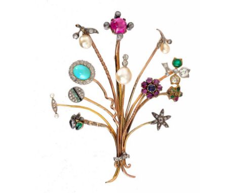 AN UNUSUAL MULTI GEM BROOCH, MID 20TH C MADE FROM EARLIER STICK PINS the terminals including diamonds, emeralds, rubies and t