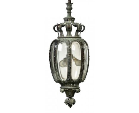 A FINE VICTORIAN BRONZE HALL LANTERN BASED ON A DESIGN FROM CHIPPENDALE'S DIRECTOR,  C1800  96cm h; 152cm overall including s