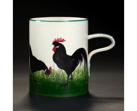 A WEMYSS WARE MUG, C1900  painted with a black cock and three hens, 14cm h, impressed and painted marks, printed oval mark of